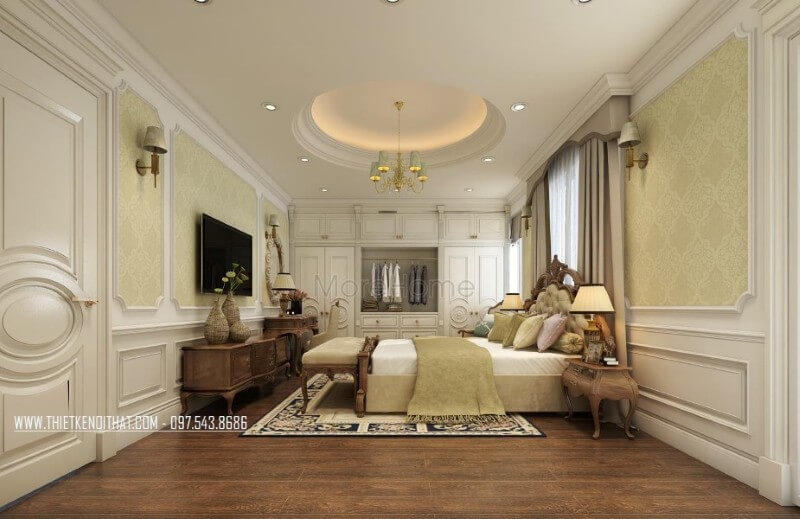 Giấy dán tường họa tiết tân cổ điển được lựa chọn sử dụng nhằm khắc họa rõ nét tính tân cổ điển trong thiết kế chung cư cao cấp Giấy dán tường phòng ngủ hải phòng