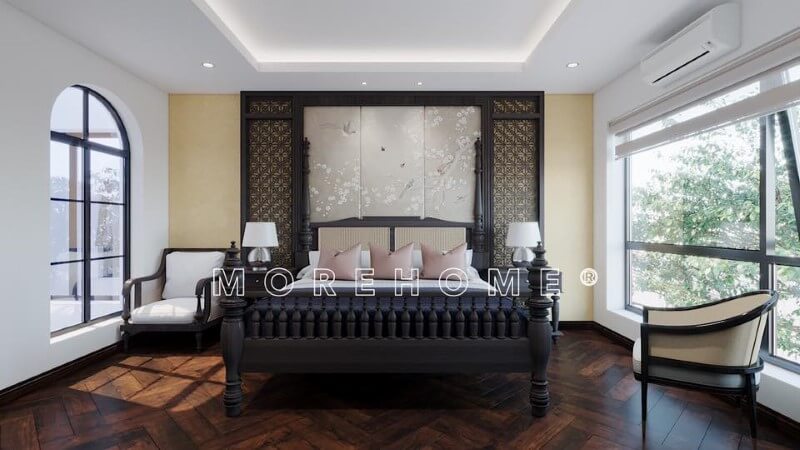 Lớp tường được biến hóa không bị thô cứng khi kiến trúc sư lựa chọ thiết kế ốp gỗ và giấy dán tường hoa văn hiện đại Giấy dán tường phòng ngủ hải phòng