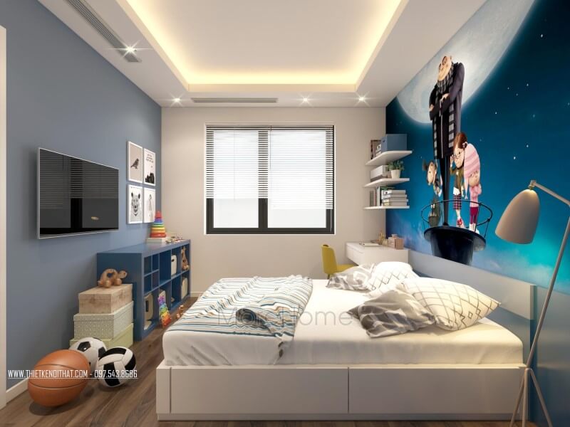 Mảng tường còn lại gia chủ lựa chọn mẫu giấy dán tường đơn sức màu xanh nhẹ nhàng cho không gian phòng ngủ của con Giấy dán tường phòng ngủ hải phòng