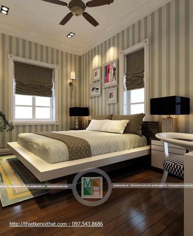 Lựa chọn cách trang trí nhẹ nhàng, nổi bật cho phòng ngủ với mẫu giấy dán tường màu xanh trắng ấn tượng kết hợp bộ tranh canvas độc đáo giúp phòng ngủ của bé sinh động và tươi sáng hơn. Giấy dán tường phòng ngủ hải phòng