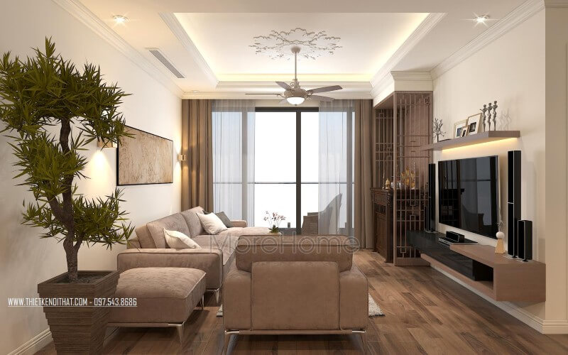 Thiết kế nội thất phòng khách chung cư hiện đại với gam màu nâu nhạt đầm ấm dễ chịu Mẫu nội thất chung cư đẹp