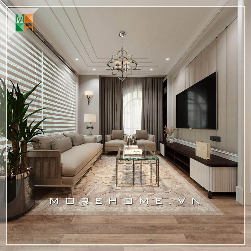 Bạn ấn tượng với phong cách thiết kế phòng khách chung cư mang phong cách tân cổ điển với sự kết hợp sáng tạo giữa cái cổ với cái hiện đại. Hãy ngắm nhìn những thiết kế tinh tế với những chạm khắc nhẹ những cái phào nổi của cái kệ TV và tường treo của chiếc TV, tất cả đều thể hiện nét sáng tạo ấn tượng của thiết kế nội thất tân cổ điển. Thiết kế chung cư