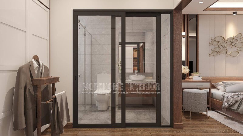 Là mẫu thiết kế nội thất phòng ngủ khép kín phong cách hiện đại khá phù hợp cho các bạn nam thanh niên mới lớn hay người đi làm, ý tưởng sử dụng kệ để quần áo tiện lợi sẽ là ý tưởng giúp bạn tiết kiệm đáng kể thời gian tìm trang phục ưng ý.