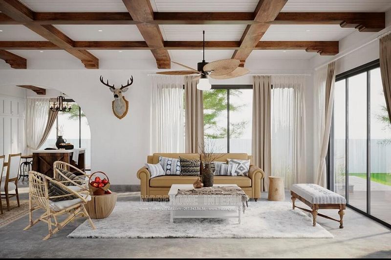 Thiết kế nội thất phòng khách nhà biệt thự sang trọng với sofa văng đôi bọc da màu vàng tinh tế