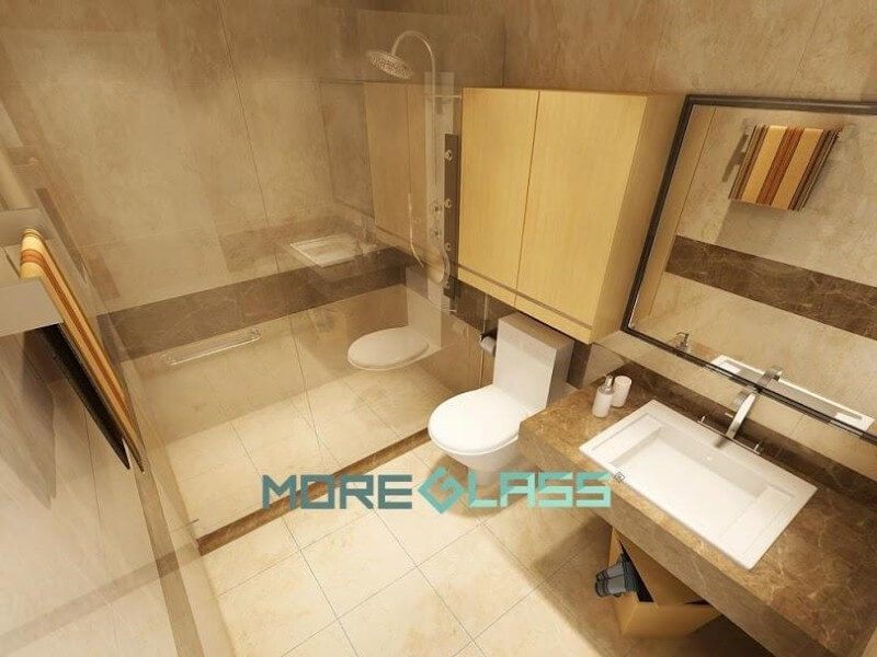 Thiết kế và thi công phòng tắm kính cường lực 180 độ đơn giản kết hợp với gương soi khung gỗ cao cấp chống ẩm mốc.