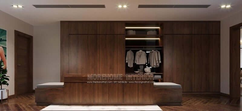 Mẫu thiết kế tủ quần áo gỗ óc chó với kích thước lớn sử dụng gỗ óc chó cao cấp màu nâu trầm tạo điểm nhấn nổi bật toát lên vẻ đẳng cấp của căn phòng