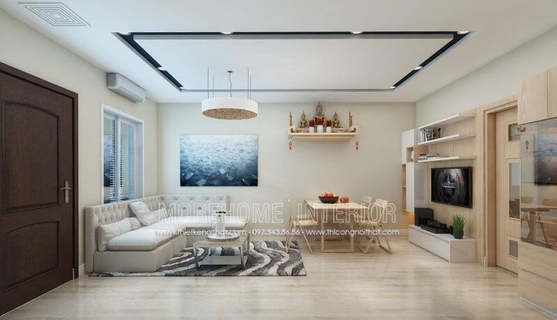 Sofa góc L bọc nỉ màu trắng rút múi lưng tựa cùng tone với đồ nội thất trong phòng tạo cảm giác hài hòa, dễ chịu.