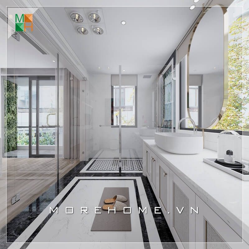 Một không gian nhà tắm rất sang trọng khi sử dụng nội thất chủ yếu là kính, giúp không gian phòng tắm trở nên thoáng tạo cảm giác rộng rãi hơn.