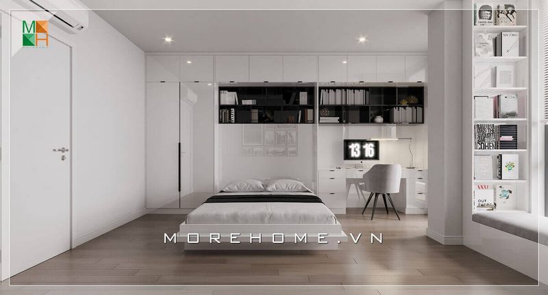 Tất cả nội thất căn phòng ngủ đều là sắc trắng chủ đạo. Bàn học liền giá sách được đặt dầu giường rất hợp lý và thuận lợi cho người sử dụng.