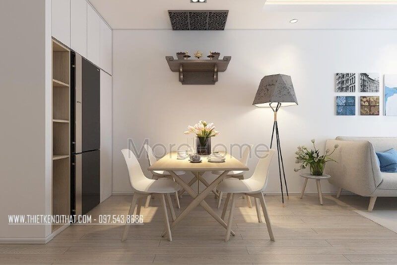 . Ở không gian sinh hoạt chung của ngôi nhà, đã đặt một mẫu bàn thờ đẹp, mang lại sự sang trọng và nghiêm trang cho không gian thờ cúng gia tiên.