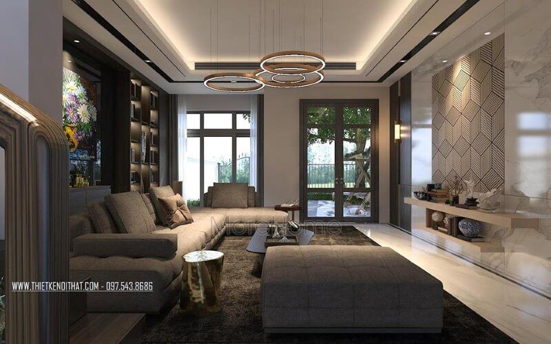 Vẻ đẹp tinh tế, ấm cúng và thuận tiện của bộ sofa kiểu dáng góc chữ L hiện đại làm thêm phần thu hút cho phòng khách của căn hộ, nhà phố hiện đại.