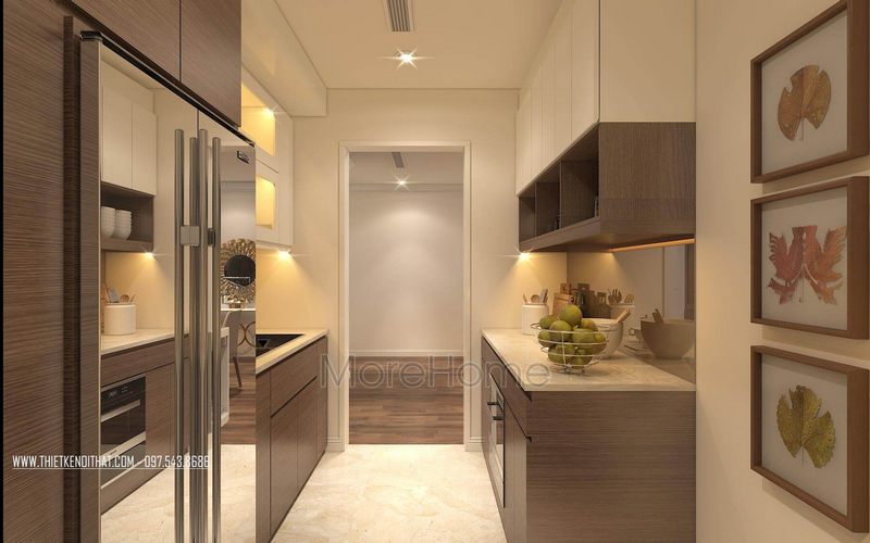 Sự kết hợp giữa màu sắc và vân gỗ trên tủ bếp gỗ công nghiệp MDF tạo nên sự ấm áp, thân thiện giúp các bà nội trợ thêm yêu thích không gian bếp của mình khi thiết kế nội thất phòng bếp công năng.