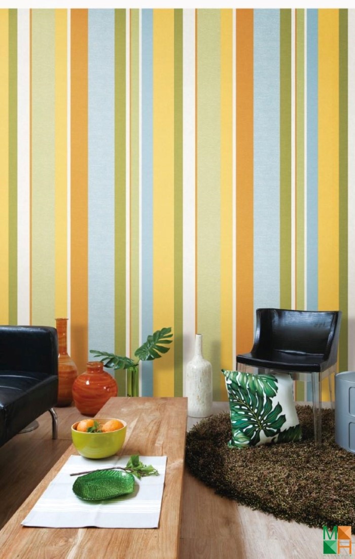 Giấy dán tường kẻ sọc trắng xanh cho phòng khách